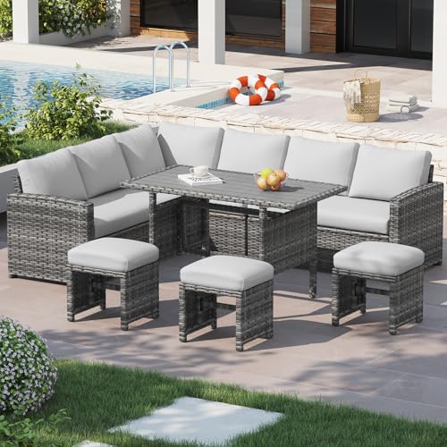 Image of U-MAX 7 Pieces Patio Furniture Set with Waterproof Cover, Outdoor Sectional Sofa Conversation Set, All Weather Wicker Rattan Dining Table & Chair with Ottoman, Grey Rattan&Light Grey Cushion