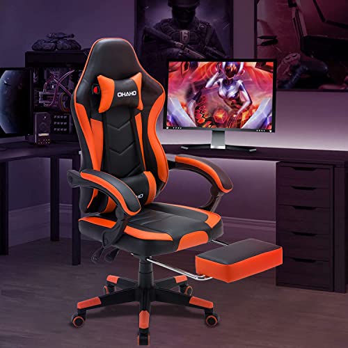Ohaho Gaming Chair Racing Style Office Chair Adjustable Massage Lumbar Cushion Swivel Rocker Recliner Leather High Back Ergonomic Computer Desk Chair With Footrest (Orange) #TOP1