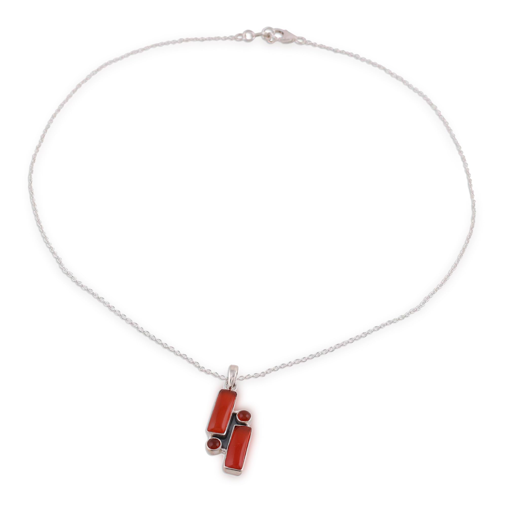 NOVICAArtisan Handmade Carnelian Pendant Necklace .925 Sterling Silver from India Orange Flame Gemstone 'Radiant Allure'