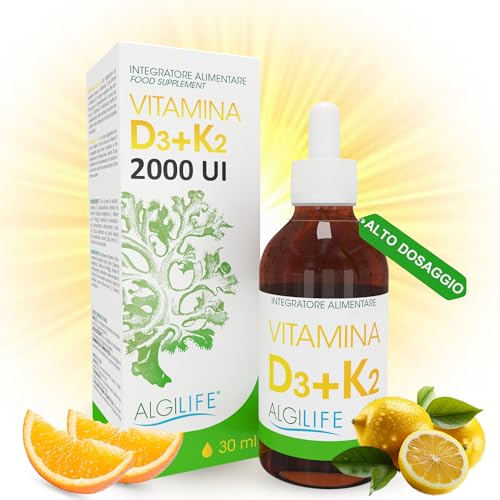 Vitamina D3 K2 Gocce Vegan (durata 2-8 mesi) Vitamina D3 2000 UI + Vitamina K2 gocce, Vitamina D K2 per Difese Immunitarie, Ossa e Denti, Vitamin D3 Colecalciferolo e K2 Vitamina (30 ml)