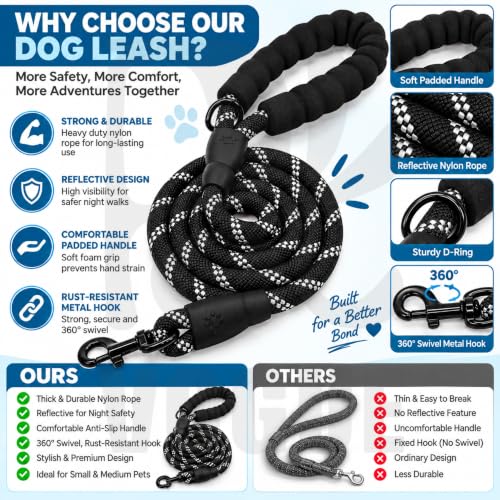 Image of PetVogue FT Nylon Rope Dog Leash, Heavy Duty Training & Walking Lead for Small, Medium & Large Dogs, Reflective Pet Walking Cord with Comfortable Padded Handle & Strong Metal Clip (Black)