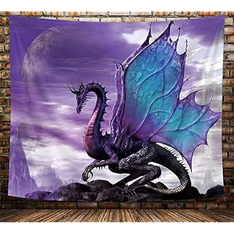 Trippy Purple Dragon Tapestry, Gothic Moon Anime Psychedelic Dragon on Mountain Hippie Art Tapestry for Bedroom Aesthetic, Medieval Fantasy Tapestry Wall Hanging, Cool Poster Tapestry, (40X30) Cover