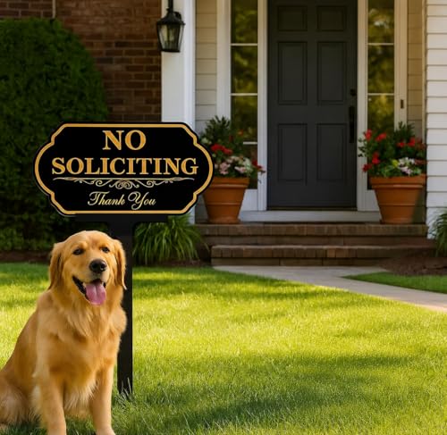 Image of No Soliciting Sign for House with Stake - 50-mil Thick Aluminum - 5x10 Inch /37 Inch High - Adjustable Height - Outdoor Yard Sign for Home and Front Door (A1512)