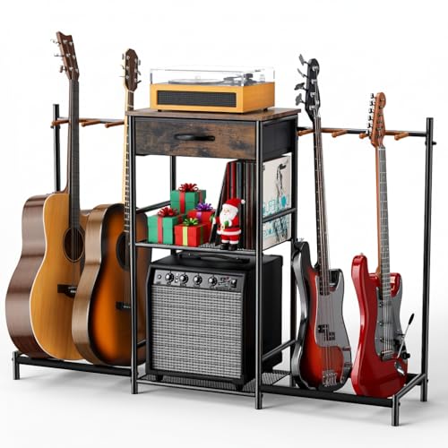 Guitar Stands Floor with 4 Guitar Holders, 3-Tier Guitar Stand Multiple Guitars, Guitar Rack with Amp Stand & Cloth Drawer, Multi Guitar Stand for Music Studio, Guitar Accessories gift for Music Lover