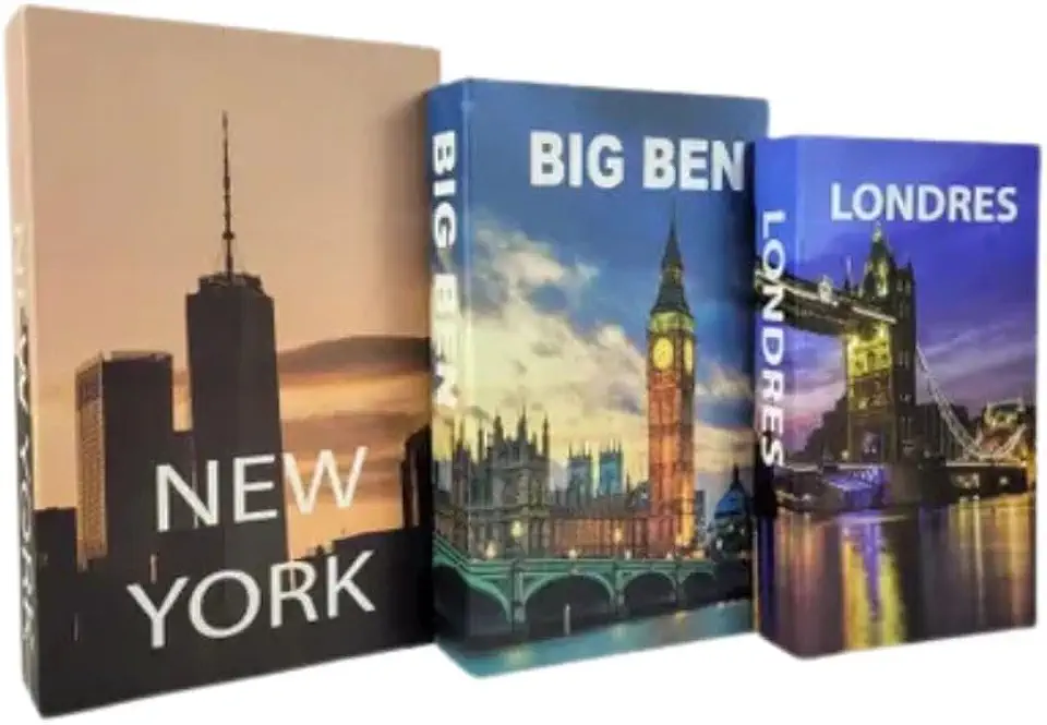 Genérico - Conjunto de 3 Caixas Livro Fake Decorativas para Decoração de Casa, Sala, Quarto, Porta Objetos Premium (New York) - Elegante - 27.1 cm x 5.5 cm x 17.3 cm