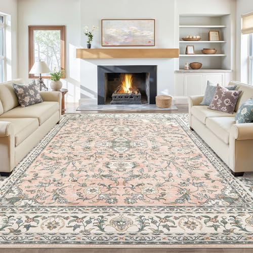 Tortania Area Rug Living Room Rugs - 9x12 Washable Boho Rug Vintage Oriental Distressed Farmhouse Large Thin Indoor Carpet for Living Room Bedroom Under Dining Table Home Office - Floral Pink