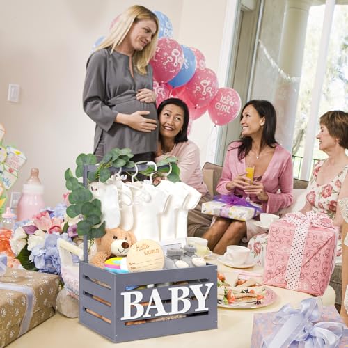 Image of Barydat Wooden Baby Shower Crate Closet Basket with Handle Baby Announcement Sign Garland Hangers Large Letter, Wooden Gift Crate, Letters for Pregnancy New Parent Party(Gray)