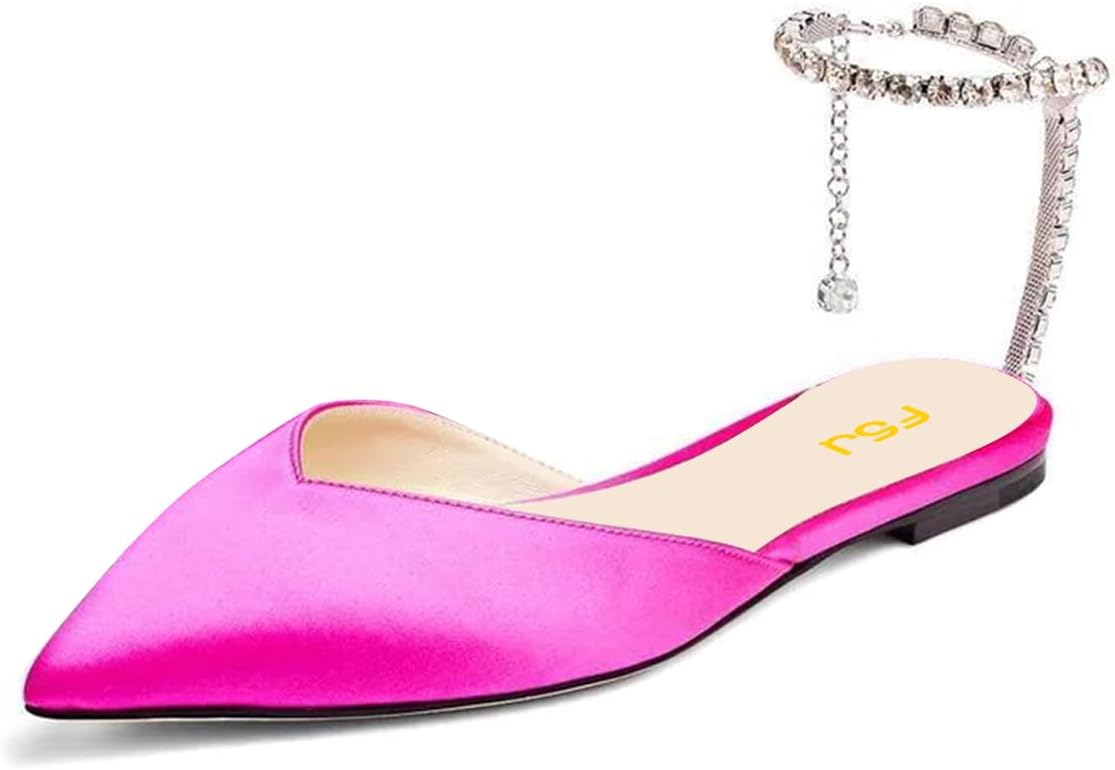FSJ Women Pointed Toe D'Orsay Ballet Flats Rhinestone Crystal Chain Ankle Strap Low Heels Comfortable Wedding Work Casual Dress Shoes Size 4-16 US