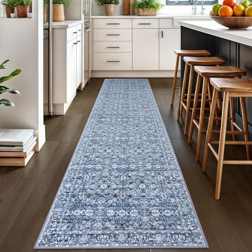 2.6x10 Blue Washable Runner Rug for Kitchen, Soft Classic Runner with Non-Slip, Non-Shedding Distressed Floral Rug for Hallways Entryway Bedroom Bathroom Laundry Indoor