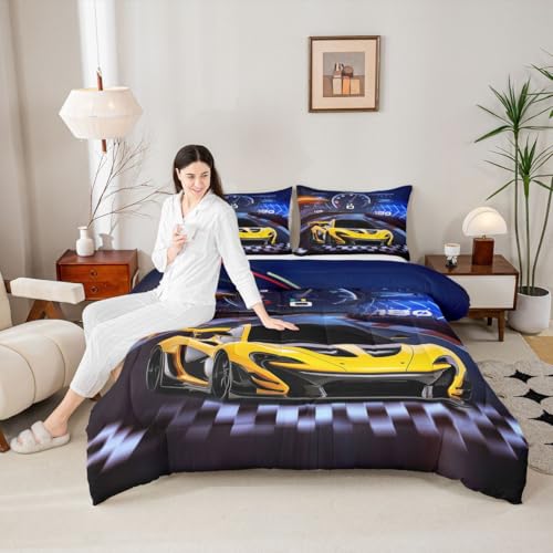 Image of Feelyou Blue Yellow Sports Bedding Set - Race Car Comforter Set for Kids - Twin Size with 1 Comforter Set and 1 Pillowcase