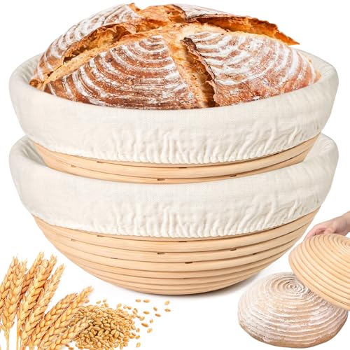 Gärkörbchen Set 2-teilig 9 Zoll Rundes Gärkorb Brot mit Leinen-Einsätzen - aus Hohe Qualität Rattan | Sauerteig Starter Gärkörbchen | 23cm Geschenk für Professionelles Backbrot
