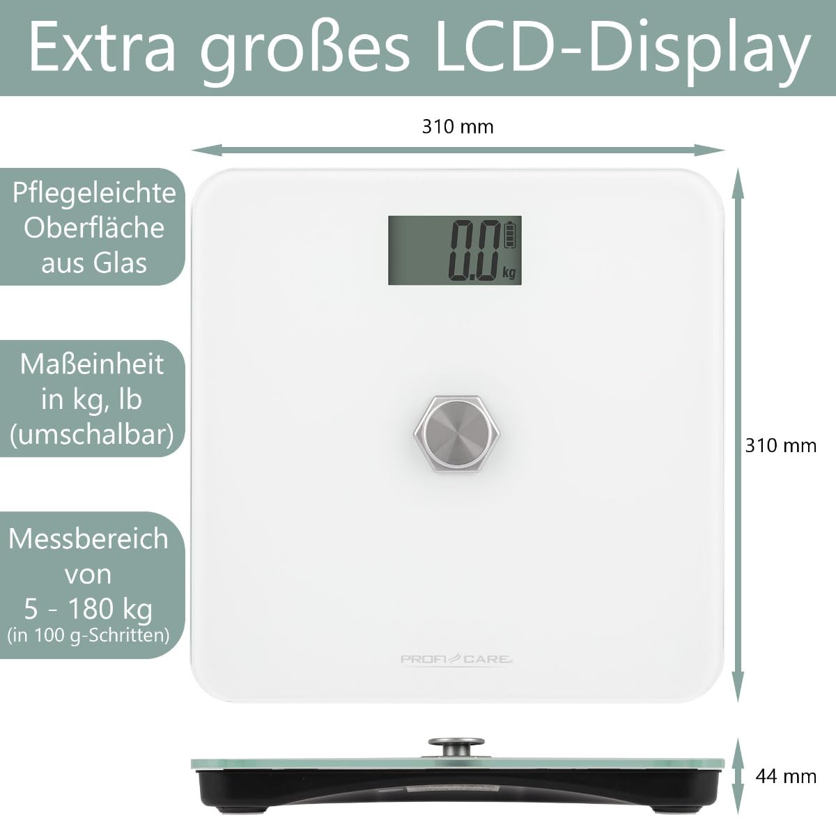 ProfiCare® Personenwaage ohne Batterie | Waage mit Messbereich von 5kg – 180 kg & großem LCD-Display | Personenwaage digital mit kinetischer Energie & Glasoberfläche | PC-PW 3112 weiß