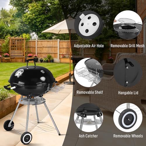 Bonnlo Classic Kettle Barbecue - 54cm Grill Area, Charcoal BBQ Grill with porcelain-enameled lid, Adjustable Vent, Integrated Thermometer, Shelf, Wheels - Black - Image 4