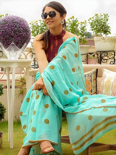 Image of Sidhidata Women's Polka Dot Printed Linen Cotton Saree With Unstitched Blouse Piece (Laddu Free Size)
