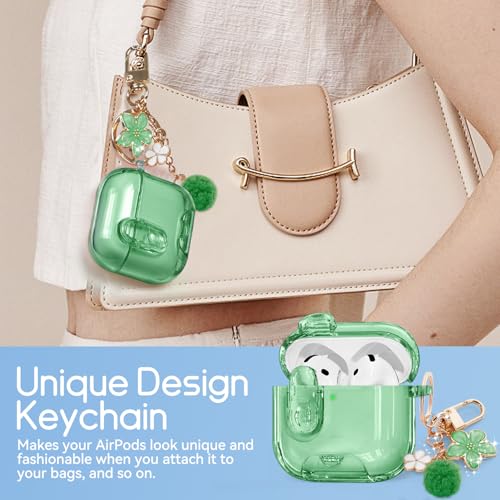 Image of for AirPods 4 Case 2024 with Safety Lock,Pine Green | Clear Case with Phone Stand & Cleaner Kit,Cute Floral Chain for Women Girls,Soft TPU Protective Cover,Shockproof