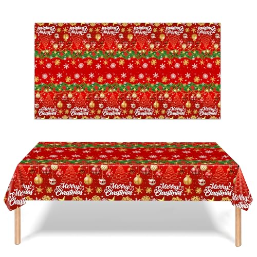 Merry Christmas Tablecloth, 2 Pack Plastic Red Disposable Rectangle Santa Claus Snowman Xmas Table Cloth Cover for Winter Christmas Party Decorations, 54 x 108 Inch – Image 3