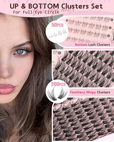 Image of 250Pcs Natural Lash Clusters Kit Cluster Eyelash Extensions Kit Wispy DIY C Curl Individual Lashes Clusters With Bottom Eyelashes