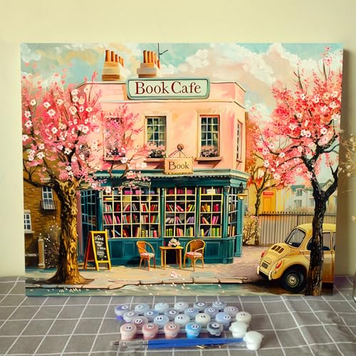Aihonmin Book Cafe Theme Paint by Numbers Kits for Adult Paint by Numbers Book Store Paint by Numbers Boho Painting Kits on Canvas Art Set for Beginner Gift Home Decor Without Framed 16''W x 20''H