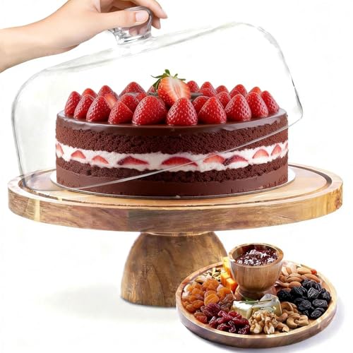 Houbobo 12 Inch Cake Stand with Dome Lid Acacia Wood Cake Board with Acrylic Dome Cover Versatile Wooden Dessert Table Display Set & Charcuterie Board for Birthdays Weddings Parties Baking Gifts