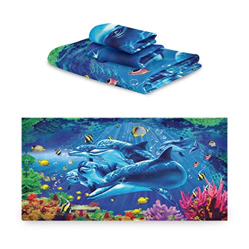 RsebidR Dolphin Set of 3 Soft Absorbent Towels 1 Bath Towel 1 Hand Towel 1 Washcloth for Kitchen Beach Gym Spa Bathroom Hotel