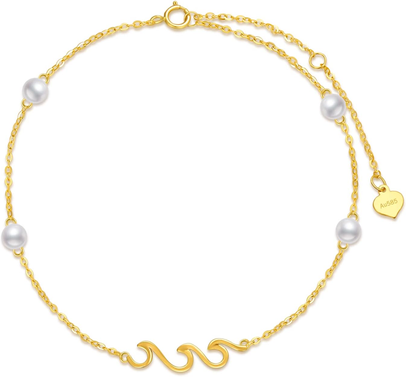 14K Gold Pearl Bracelets for Women, Real Gold Wave Anklet Bracelet Ocean Beach Jewelry Gift for Wife Mom Friend Ladies Her 8''-10''