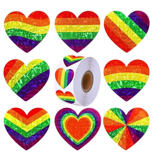 500Pcs Pride Stickers - Rainbow Stickers, LGBTQ Pride Accessories, 8 Species Rainbow Heart Shaped Pride Stickers Roll for Gay Lesbian Party Parades Celebrations