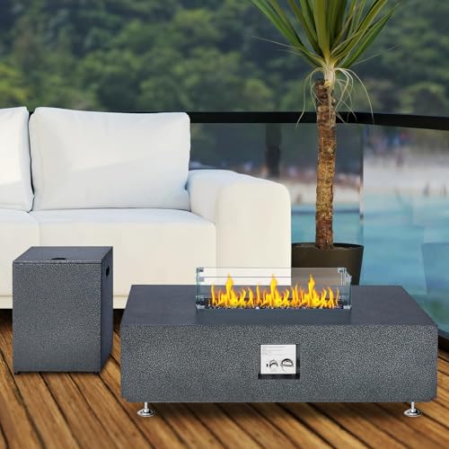 48" Outdoor Fire Table, 48 inch Rectangle Propane Gas Fire Pit Table, 50,000 BTU Modern Firepit with 16 inch Tank Cover Side Table, Wind Guard, Fire Glass, Rain Cover