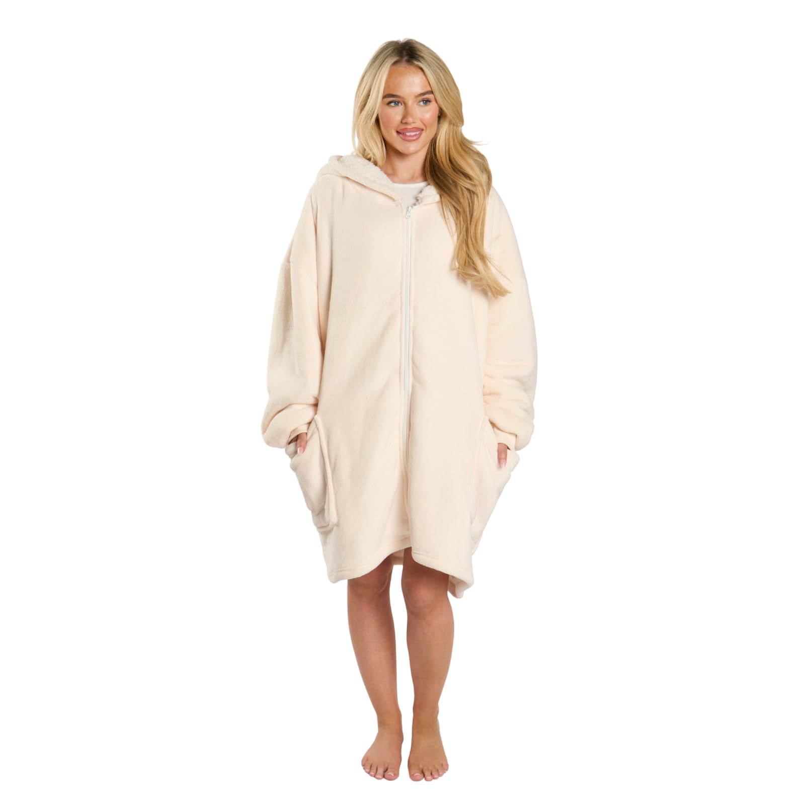 OHS Cream Zip Up Oversized Sherpa Fleece Hoodie Blanket One Size