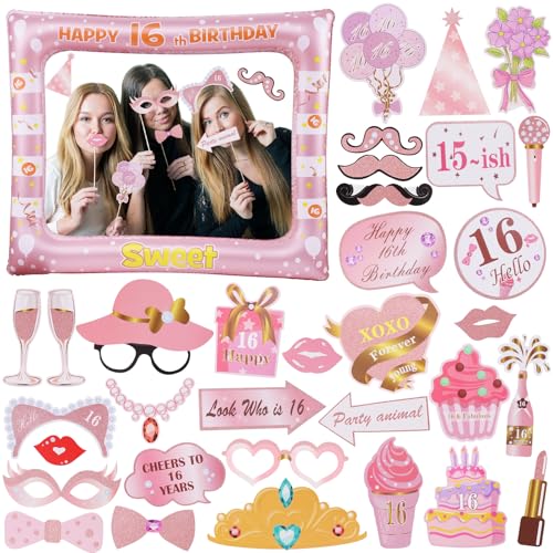 ORUZA 16. Geburtstag Foto Requisiten, 33 Stück Rosa Photo Booth Props Dekoration Accessoires, Geburtstag Accessoires für Geburtstagsfeier Lustige Party Requisiten Selfie Requisiten Geburtstag Deko