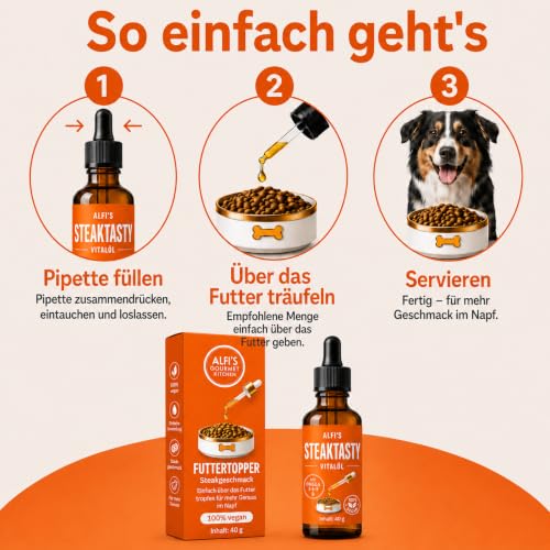 Alfi's Vitalöl Appetitanreger für Hunde & Katzen Steak Aroma – Geschmacksöl zur Unterstützung der Futterakzeptanz – mit Omega 3-6-9 aus Leinöl, Olivenöl & Nachtkerzenöl – 140 Portionen