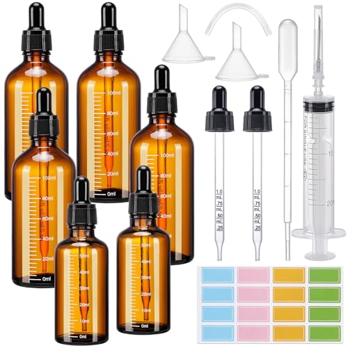 Tiusixsy 6 Stück Pipettenflaschen, 4x100ml + 2x50ml Tropfflasche Braunglasflasche mit Trichter und Aufkleber, Apothekerflaschen für Ätherische Öle, Parfümöle, Aromatherapie, Flüssigkeiten