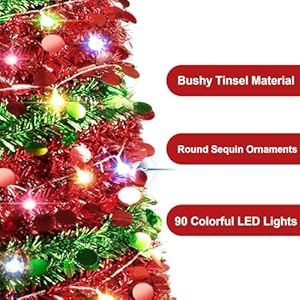 5FT Christmas Tree with 90 LED Lights, Collapsible Sequin Pop Up Xmas Tree with Stand for Home, Great Fall Decoraitons (Red Green) 5FT Christmas Tree with 90 LED Lights Collapsible Sequin Pop Up Xmas Tree with Stand for Home Great Fall Decoraitons Red Green