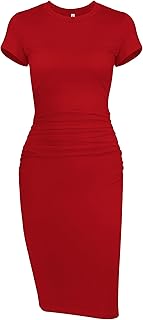 Missufeintl Women's Bodycon Ruched Short Sleeve T Shirt Midi Sundress Fitted Casual Dress - Buy now
