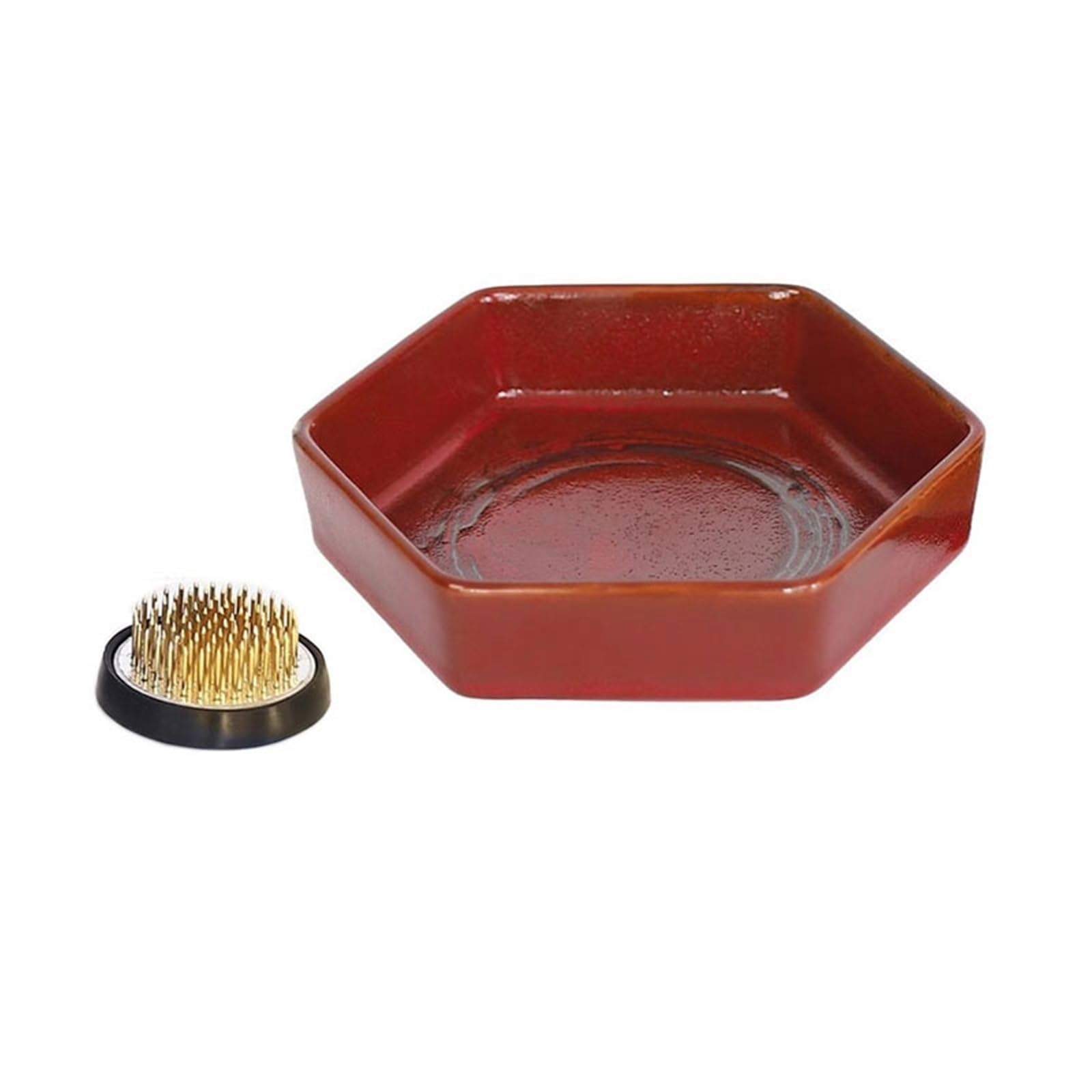 Prettiee plant dish saucer Hexagon Ceramict Retro Drip Tray Creativity Tabletop Flower Arranging Saucer with Kenzan (S)