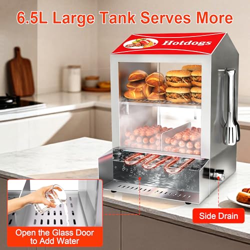 ZMRTDWO Hot Dog Steamer, 28.5QT 2-Tier Commercial Hot Dog Machine with Bun Warmer, 86°F~185°F Adjustable, 175 Hot Dogs & 40 Buns, Stainless Steel Hot Dog Bun Warmer with Tempered Glass Slide Doors by ZMRTDWO - Image 5