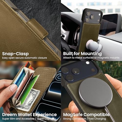 Protection iPhone 17 Pro Max antichoc portefeuille RFID cuir véritable Olive