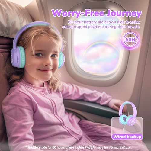 Image of iClever Clever BTH22 Kids Bluetooth Headphones, 60H Play Time, 74 /85 dBA Safe Volume, Bluetooth 5.4, USB C, Over Ear Kids Headphones Wireless with Mic AUX Cord for iPad /Tablet /Travel /School, Lilac