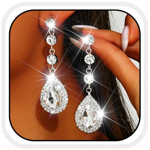 Catery Rhinestone Earrings Silver Crystal Teardrop Earrings Long Wedding Jewelry for Women