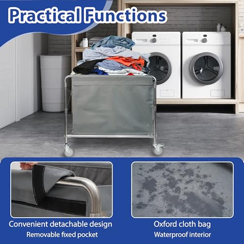 Suuiwau Laundry basket with wheels Stainless steel Laundry trolley Commercial laundry organiser Folding Laundry basket on wheels with a load capacity of 100 kg for home, hotel, 87 x 52 x 78 cm - Image 5