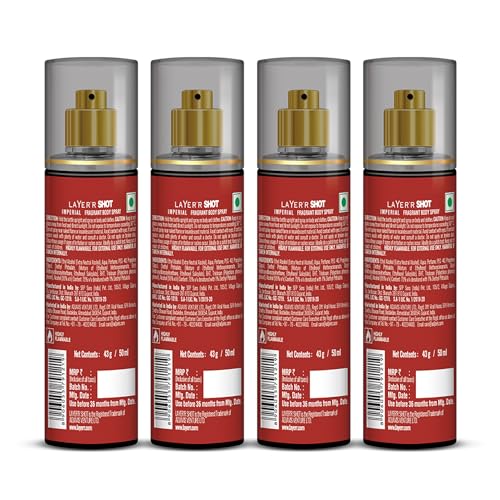 Image of Layer'r Shot Gold Imperial Body Spray for Men, Pack of 4 (4x50ml) | Long-Lasting Fresh Spicy Woody Fragrance with Bergamot, Patchouli & Amber | Travel Size Deodorant | IFRA Certified