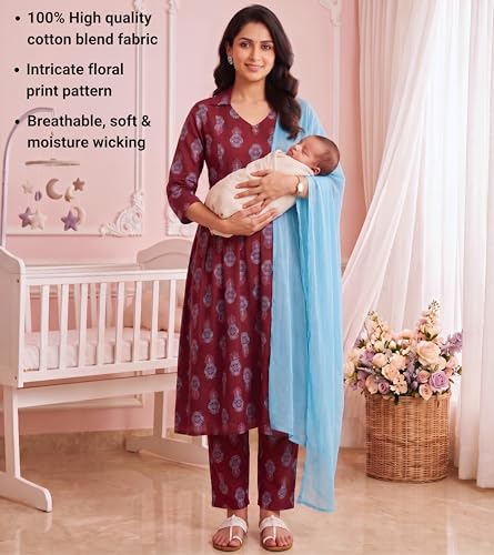 Image of DUMMY SHAPE Maternity Dresses for Women Cotton Rayon | Floral Kurta Pant Dupatta Set with Nursing Zippers to Pre & Post Partum | Feeding Kurtis | Mom to Be Gifts for Pregnant Woman