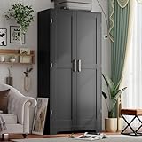 Wooden Armoire Wardrobe Closet, Wardrobe Cabinet with Door and Shelves, Freestanding Bedroom Armoires Clothing Storage Cabinet with Hanging Rod for Bedroom, Laundry Room, Cloak Room（Black）