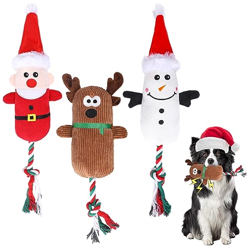 3Pcs Christmas Plush Squeaky Dog Toys, Durable Dog Plush Toys Dog Chew Toys Christmas Interactive Toys for Pet Dog Squeaky Train Toys Snowman, Santa, Elk Cotton Dog Toy for Small, Medium Puppy Gift