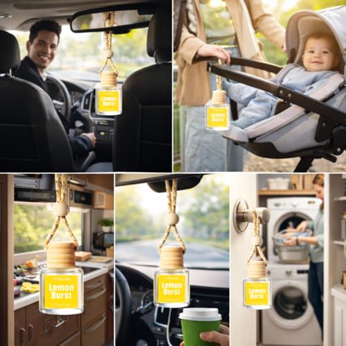 Image of Hanging Car Air Freshener 2 Pack, Lemon Scent Essential Oil Car Diffuser Bottle, Refillable Hanging Auto Aromatherapy Freshener, Long Lasting Odor Eliminator for Car, Truck, SUV