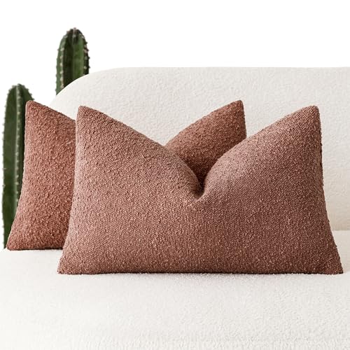 Image of Foindtower Pack of 2 Textured Boucle Throw Pillow Covers Accent Solid Decorative Lumbar Pillow Cases Cozy Couch Cushion Case for Chair Sofa Bedroom Living Room Home Decor 12x20 Inch Orange Rust Red