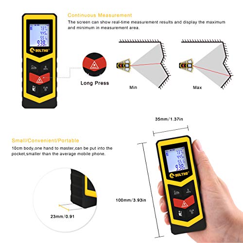 BOLTHO Laser Measure 131Ft/40M/In/Ft Laser Distance Meter, Portable High Precision and Backlight LCD Display, Measure Distance, Area and Volume, Pythagorean Mode Battery Included