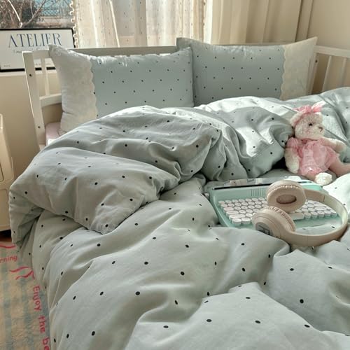 Image of VM VOUGEMARKET Sage Green Bedding Set Twin 3 Pieces Black Dots Duvet Cover Set with Lace Edge-Soft Microfiber Princess Style Comforter Cover for Teen Girls-68x86 Inch