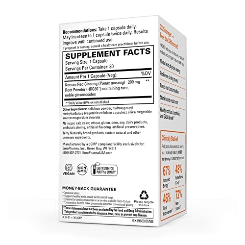 Terry Naturally Hrg80 Red Ginseng Energy - 30 Capsules - Red Ginseng Root Powder, Panax Ginseng, Hrg80 - Non-Gmo, Vegan, Gluten Free – 30 Servings #TOP3