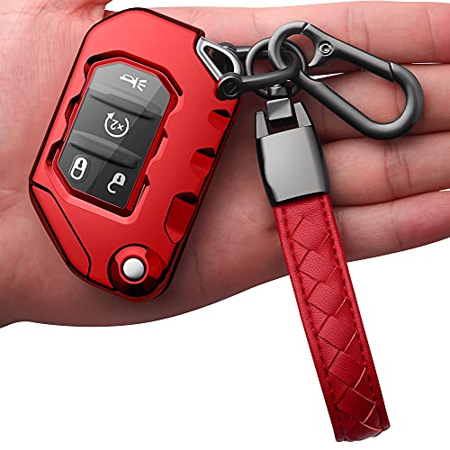 Image of Compatible with Jeep Key Fob Cover With Leather Keychain Soft TPU Protection Key Case for 2018-2026 Wrangler JL JLU Rubicon Wagoneer Gladiator JT Sahara JLU Remote Key (Red)