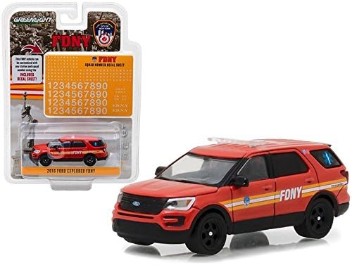 2016 Ford Explorer Fire Department City of New York (FDNY) with FDNY Squad Number Decal Sheet Hobby Exclusive 1/64 Diecast Model Car by Greenlight 42823